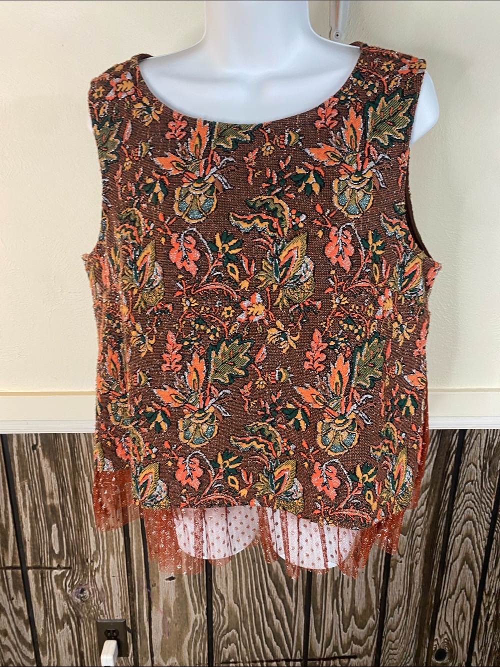 Eva Franco Multicolor Beaded Floral Tank Top in Brown and Orange